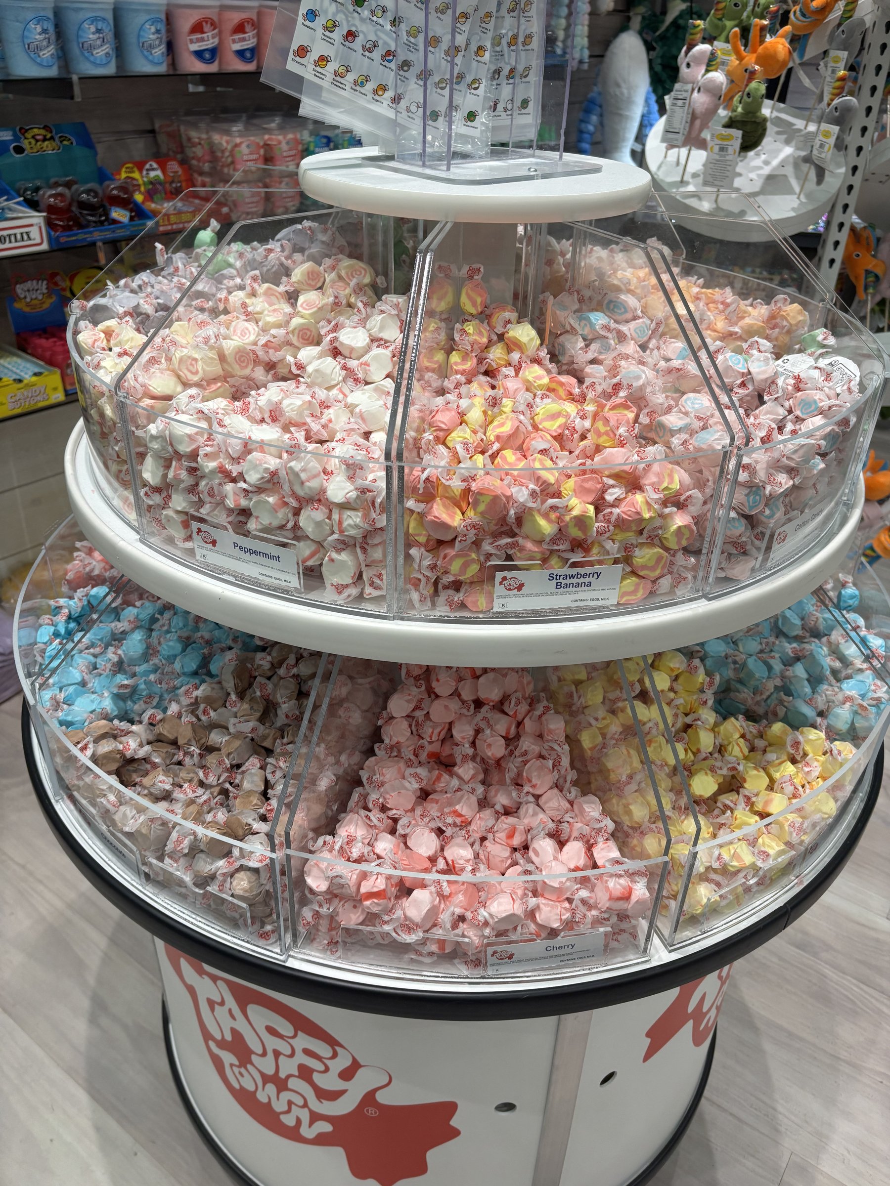 Colorful saltwater taffy display inside Orren's Island