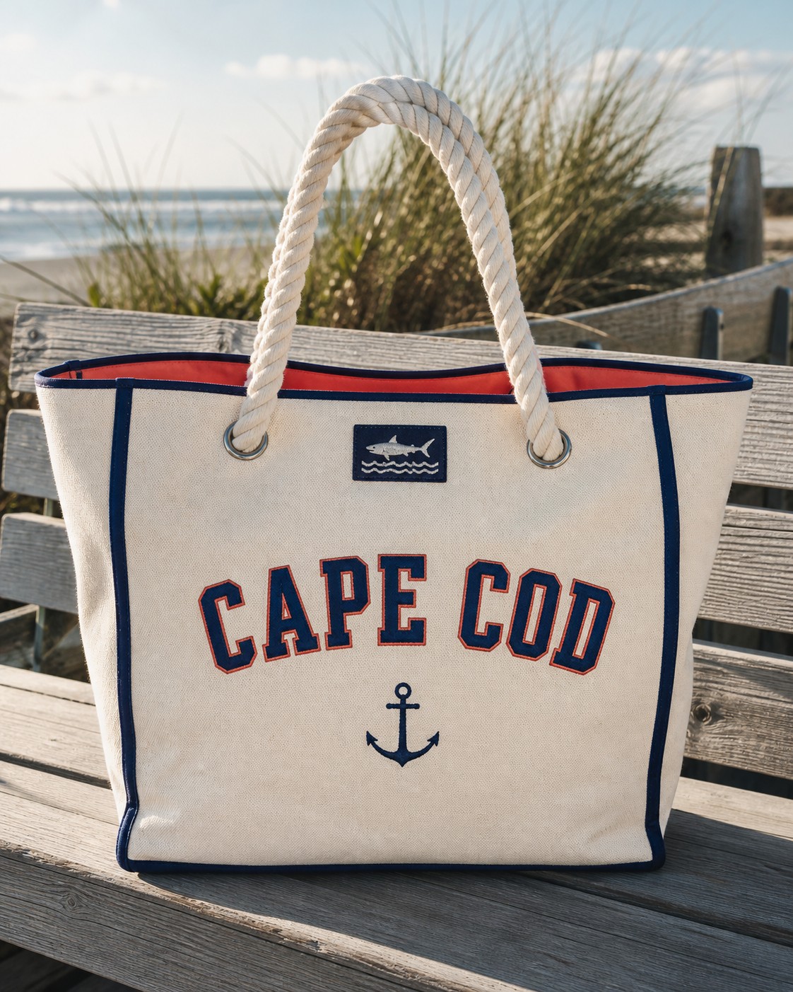 Natural canvas Cape Cod beach tote with rope handles, navy trim, and an embroidered anchor